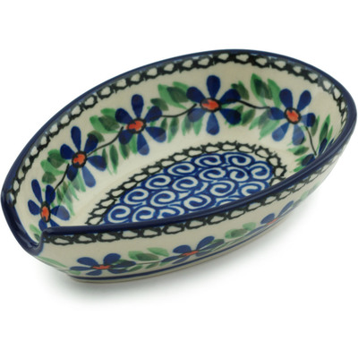Polish Pottery Spoon Rest 5&quot; Blue Daisy Swirls