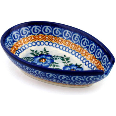 Polish Pottery Spoon Rest 5&quot; Blue Poppy Circle UNIKAT