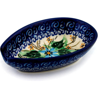 Polish Pottery Spoon Rest 5&quot; Blue Star Flower UNIKAT