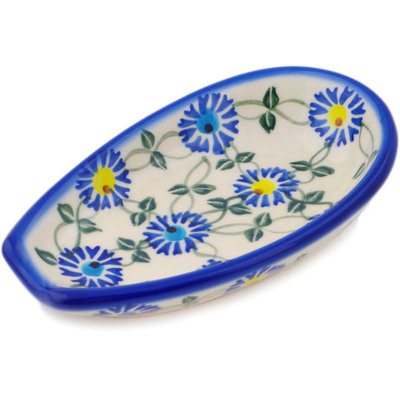 Polish Pottery Spoon Rest 5&quot; Blue Thistle Beauty