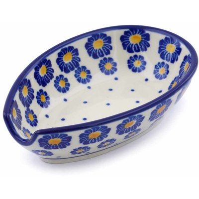 Polish Pottery Spoon Rest 5&quot; Blue Zinnia