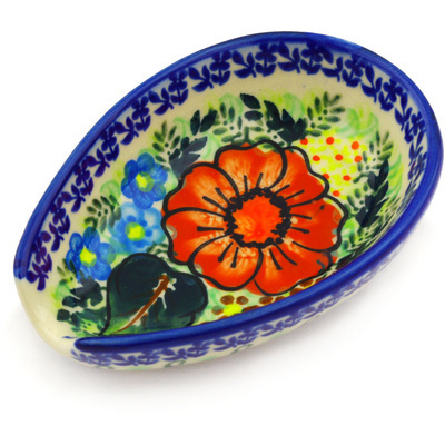 Polish Pottery Spoon Rest 5&quot; Bold Red Poppies UNIKAT