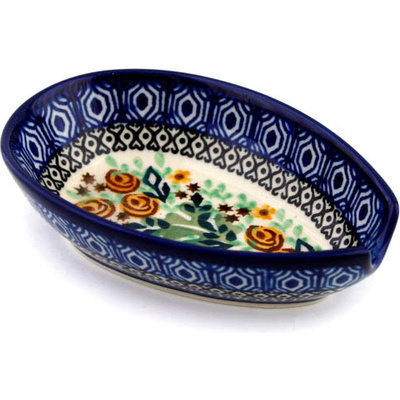 Polish Pottery Spoon Rest 5&quot; Brown Cabbage Rose UNIKAT