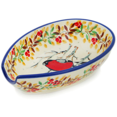 Polish Pottery Spoon Rest 5&quot; Bullfinch On Rowan UNIKAT