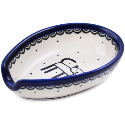 Polish Pottery Spoon Rest 5&quot; Cobalt Cat
