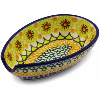 Polish Pottery Spoon Rest 5&quot; Geometric Sunflower