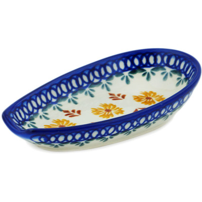 Polish Pottery Spoon Rest 5&quot; Golden Flower Garden