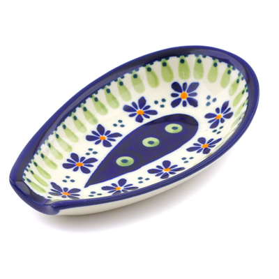 Polish Pottery Spoon Rest 5&quot; Green Gingham Peacock