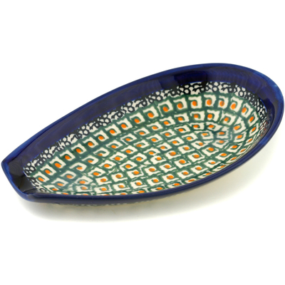 Polish Pottery Spoon Rest 5&quot; Green Mosaic UNIKAT