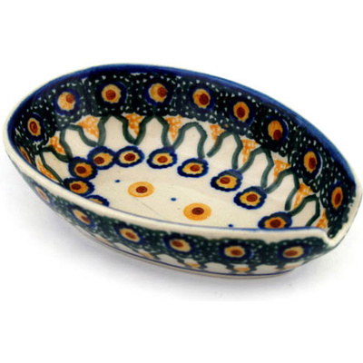 Polish Pottery Spoon Rest 5&quot; Green Peacock Drip