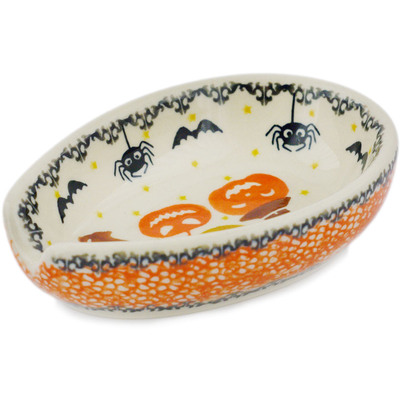 Polish Pottery Spoon Rest 5&quot; Halloween Spooky Pumpkin