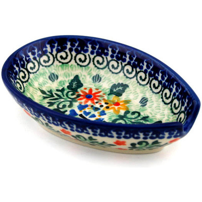 Polish Pottery Spoon Rest 5&quot; Pastel Garden UNIKAT