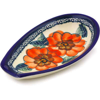 Polish Pottery Spoon Rest 5&quot; Peach Poppies UNIKAT