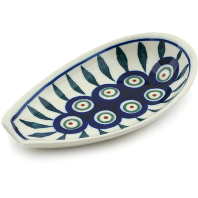 Polish Pottery Spoon Rest 5&quot; Peacock Leaves