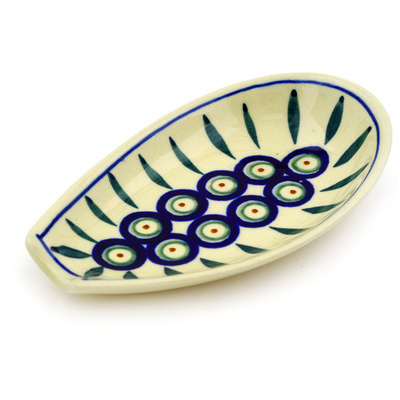Polish Pottery Spoon Rest 5&quot; Peacock Leaves