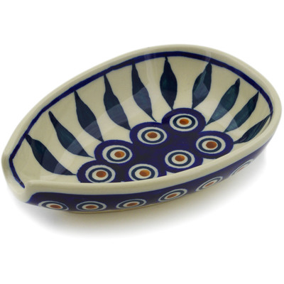 Polish Pottery Spoon Rest 5&quot; Peacock Leaves