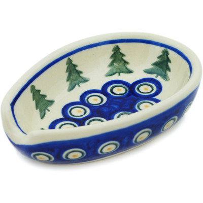 Polish Pottery Spoon Rest 5&quot; Peacock Pines