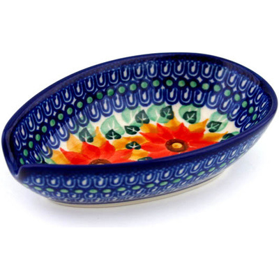 Polish Pottery Spoon Rest 5&quot; Poinsettia Patch UNIKAT