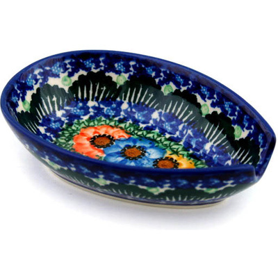 Polish Pottery Spoon Rest 5&quot; Primary Flower Clusters UNIKAT
