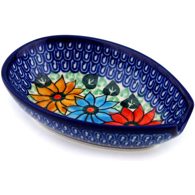 Polish Pottery Spoon Rest 5&quot; Primary Poinsettias UNIKAT