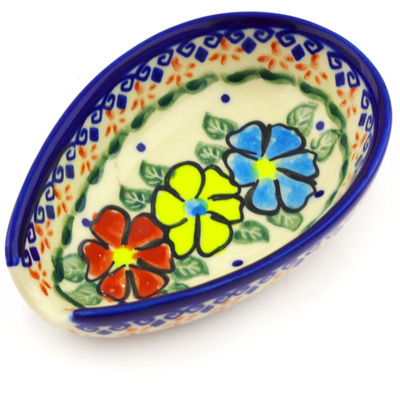 Polish Pottery Spoon Rest 5&quot; Primary Poppies UNIKAT
