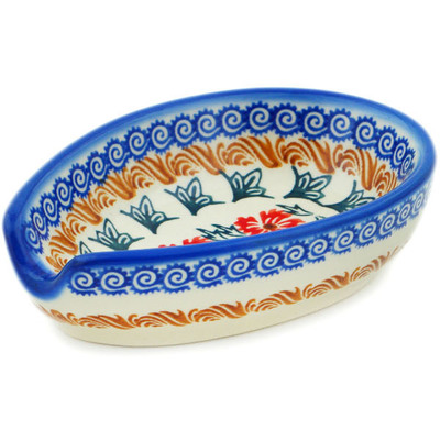 Polish Pottery Spoon Rest 5&quot; Red Cornflower