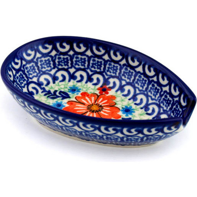 Polish Pottery Spoon Rest 5&quot; Red Floral Delight UNIKAT