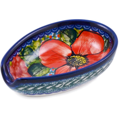 Polish Pottery Spoon Rest 5&quot; Resilient Red Poppies UNIKAT