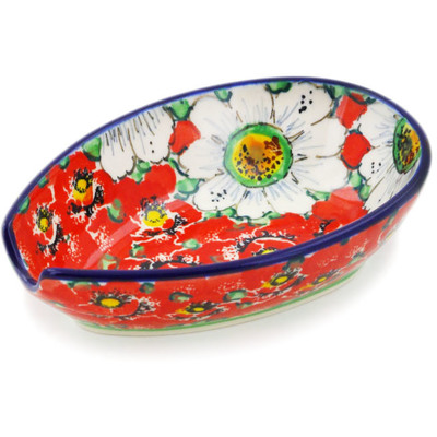 Polish Pottery Spoon Rest 5&quot; Sweet Red Petals UNIKAT