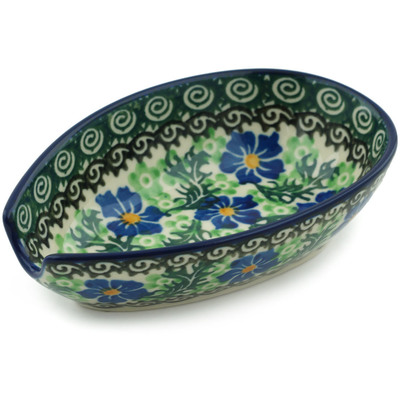 Polish Pottery Spoon Rest 5&quot; Swirling Emeralds