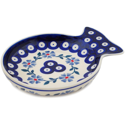 Polish Pottery Spoon Rest 6&quot; Peacock Forget-me-not