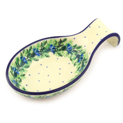 Polish Pottery Spoon Rest 7&quot; Blue Bell Wreath