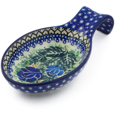Polish Pottery Spoon Rest 7&quot; Brilliant Blue Rose UNIKAT