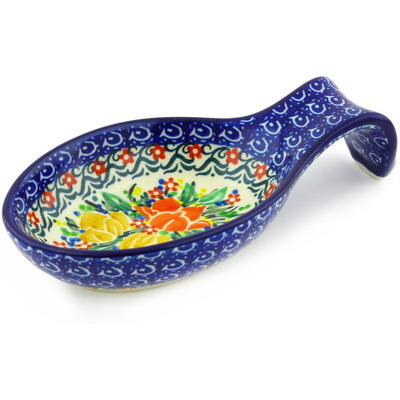 Polish Pottery Spoon Rest 7&quot; Red And Yellow Flowers UNIKAT