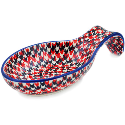 Polish Pottery Spoon Rest 7&quot; Red Houndstooth