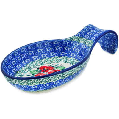 Polish Pottery Spoon Rest 7&quot; Red Pansy
