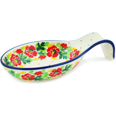 Polish Pottery Spoon Rest 7&quot; Red Poppy Chain