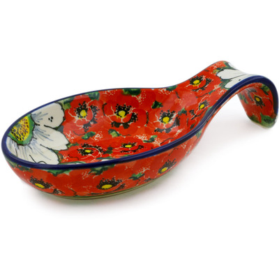 Polish Pottery Spoon Rest 7&quot; Sweet Red Petals UNIKAT