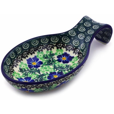 Polish Pottery Spoon Rest 7&quot; Swirling Emeralds