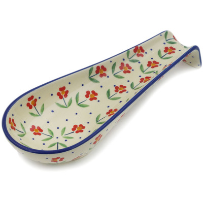 Polish Pottery Spoon Rest 9&quot; Red Primrose