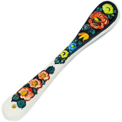 faience Spreading Knife 7&quot; Little Flower Patch Black UNIKAT