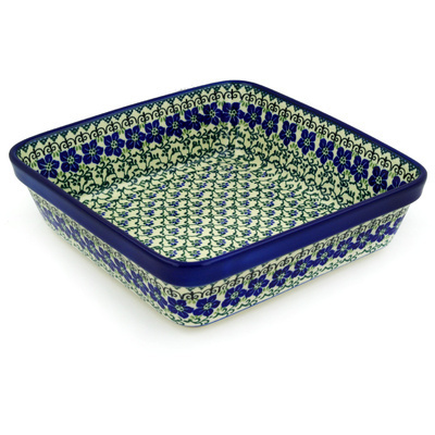 Polish Pottery Square Baker 10&quot; Blue Dogwood