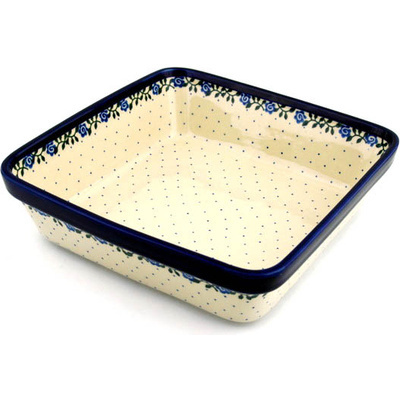 Polish Pottery Square Baker 10&quot; Blue Rose Vine