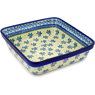 Polish Pottery Square Baker 10&quot; Bluebuds