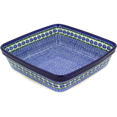 Polish Pottery Square Baker 10&quot; Polka Dot Daisy