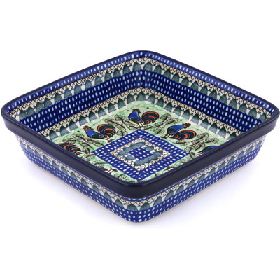 Polish Pottery Square Baker 10&quot; Rooster Row UNIKAT