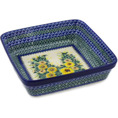 Polish Pottery Square Baker 10&quot; Sunflowers At Sunset UNIKAT