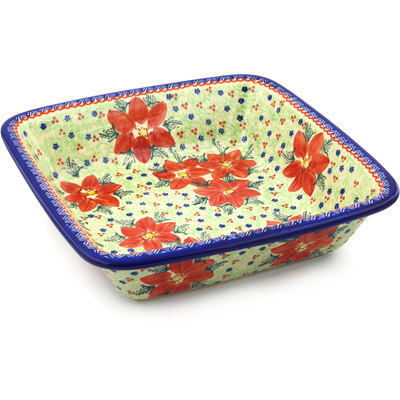 Polish Pottery Square Baker 11&quot; Poinsettia UNIKAT