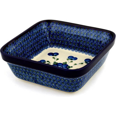 Polish Pottery Square Baker 9&quot; Blue Poppies