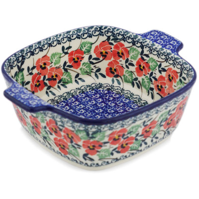 Polish Pottery Square Baker with Handles 0" Red Pansy